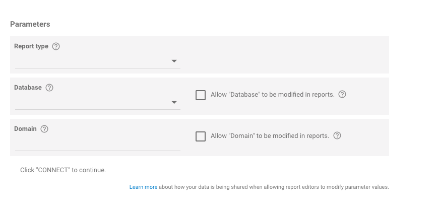 Parameters including: report type, database, domain. Two checkbox options include 'Allow 'Database' to be modified in reports' and 'allow 'domain' to be modified in reports'.