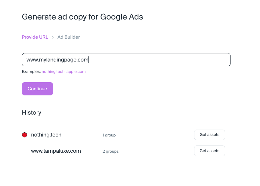 Type in a URL for AI Ad Copy Generator to create instant ad copy for Google Ads