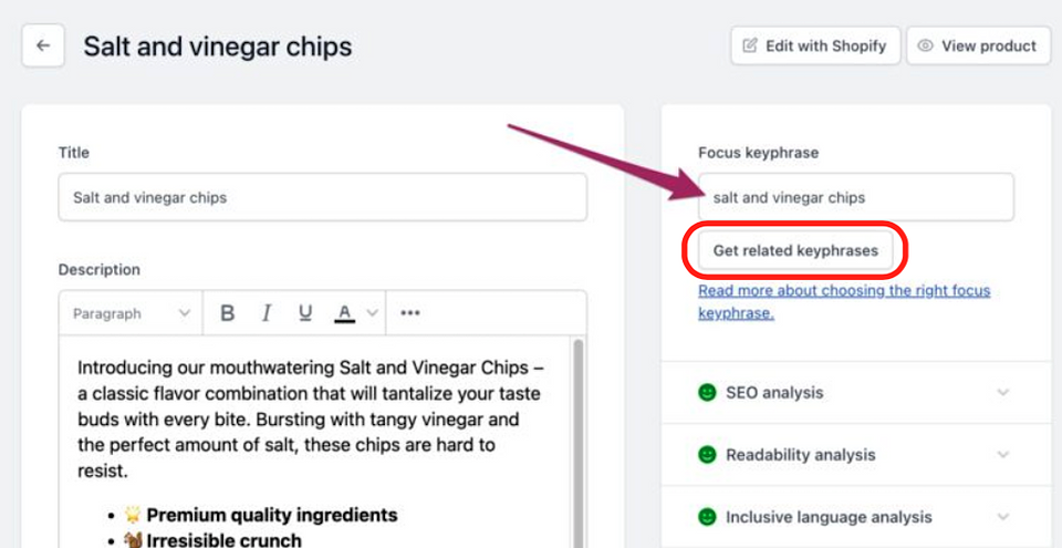 Enter a focus keyphrase to get related keyword data from Semrush in Yoast Shopify app.png