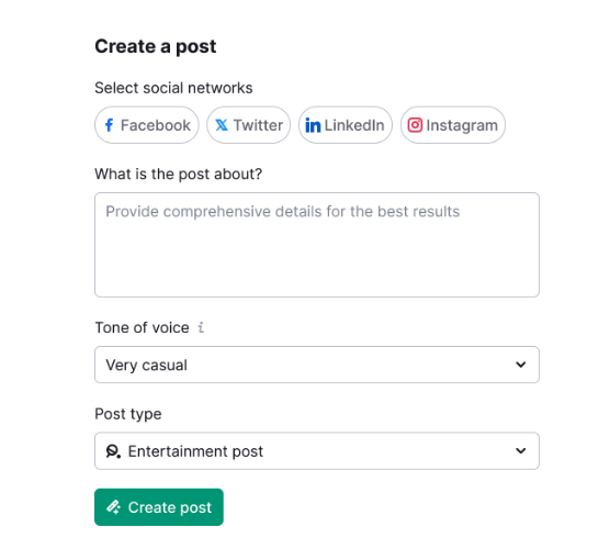 The ContentShake AI Post Creator makes it possible to create entire social media posts from scratch in one click.